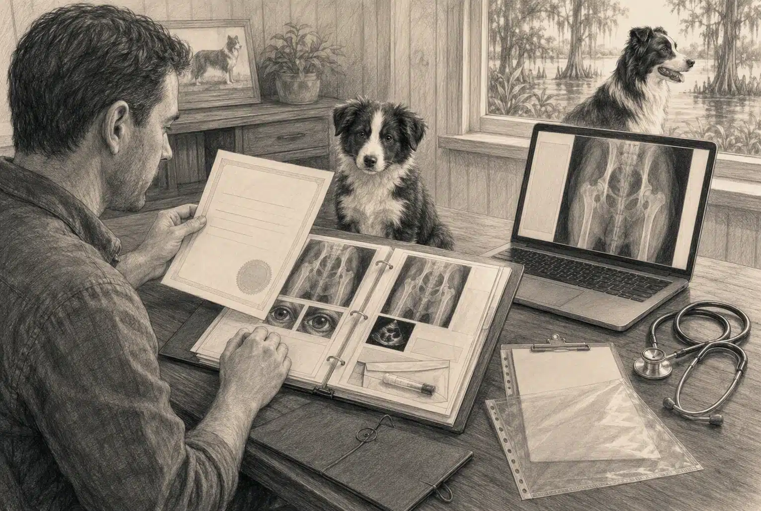 Breeder reviewing OFA health records beside puppy paperwork