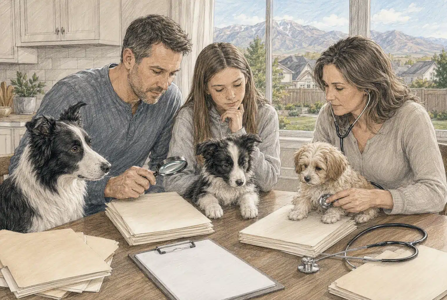 Family reviewing Border Collie health records with breed-specific guidelines