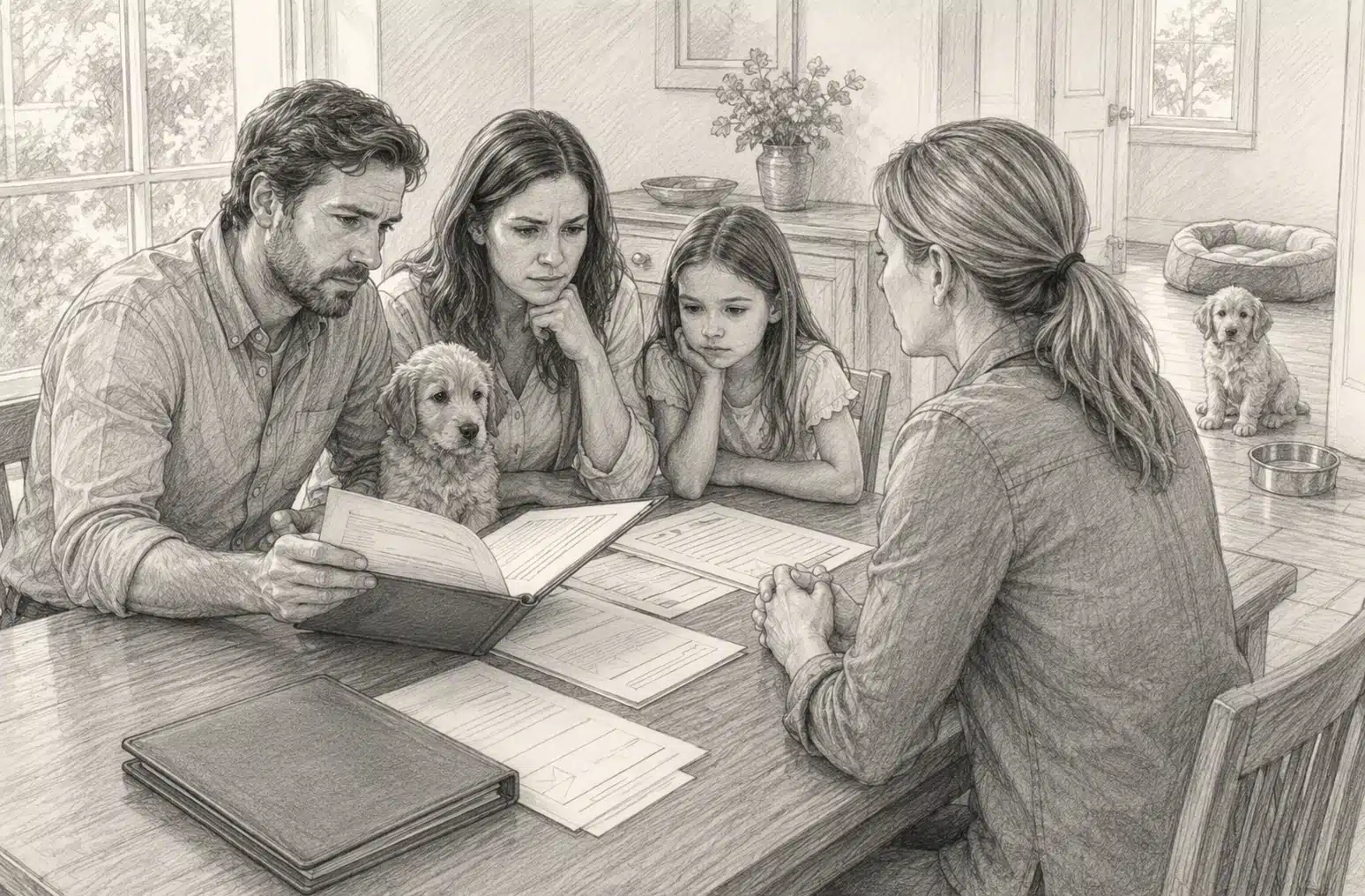 Family reviewing puppy health documents with breeder