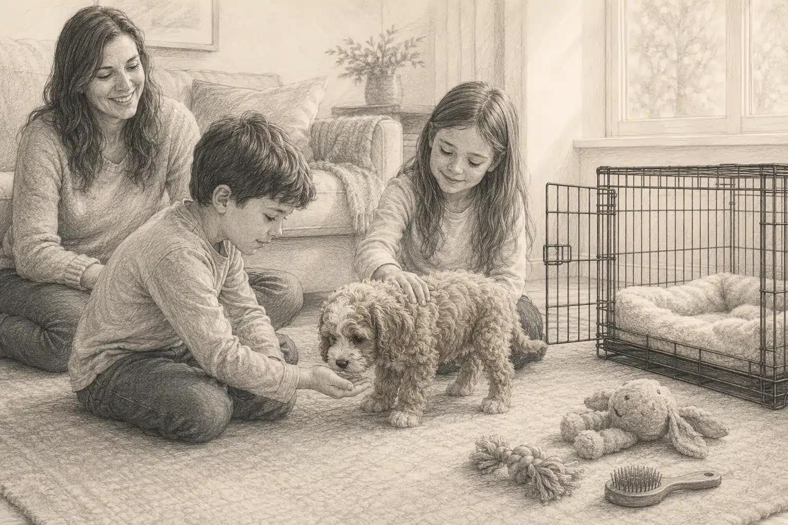 Cavapoo puppy socializing with children in a home crate setting