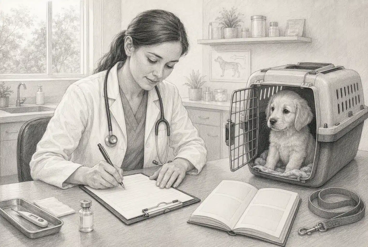 Veterinarian verifying puppy health records before transport