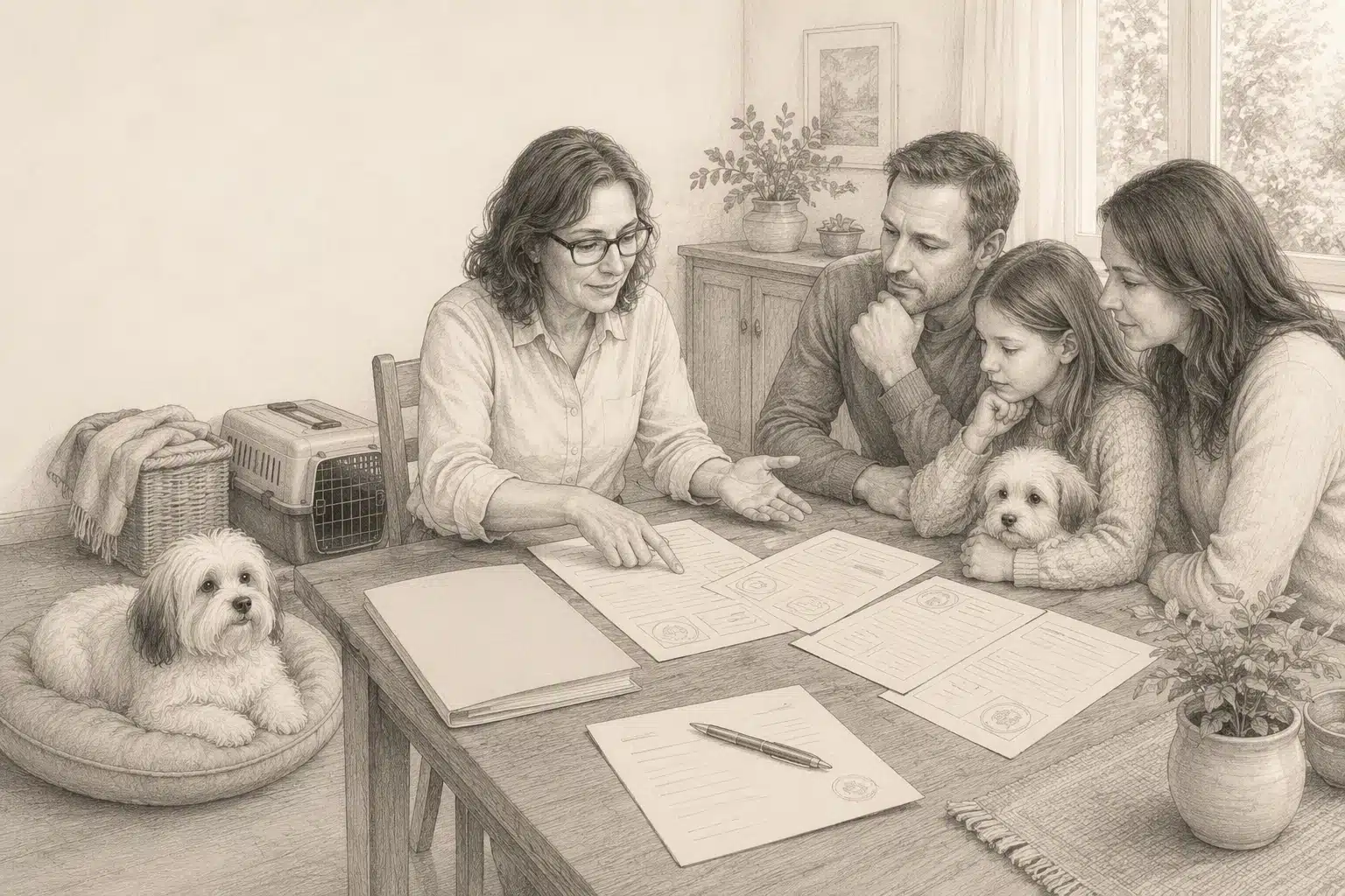 Breeder reviewing health records with prospective puppy owners