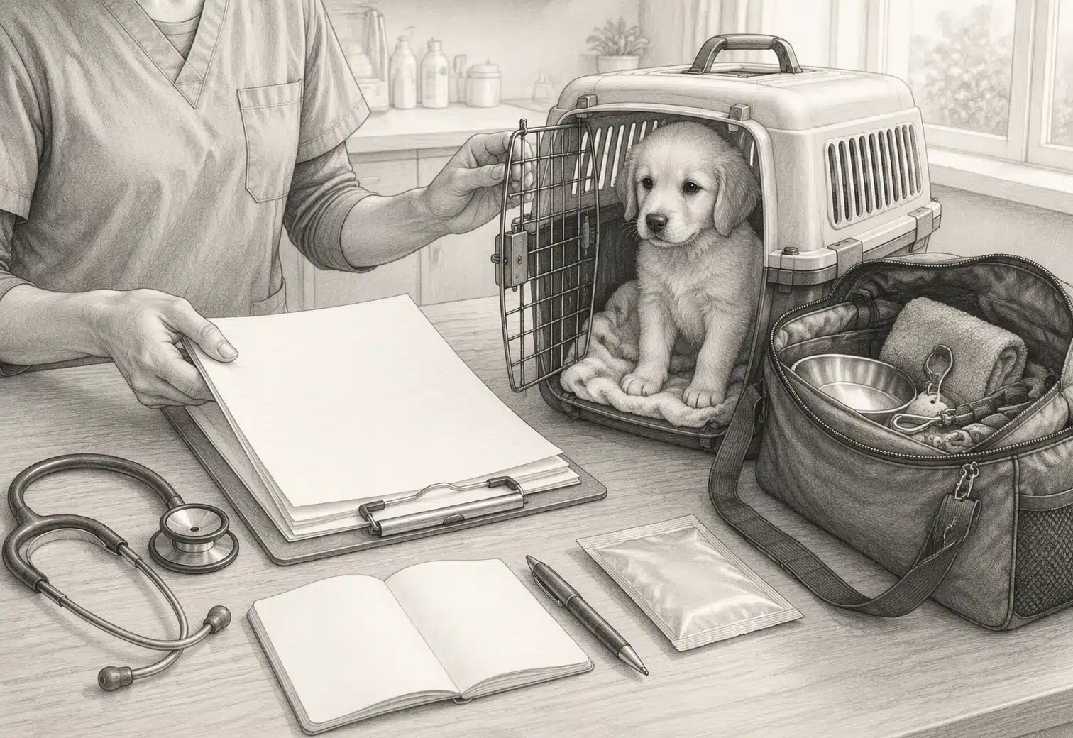 Veterinarian finalizing puppy health certificate paperwork