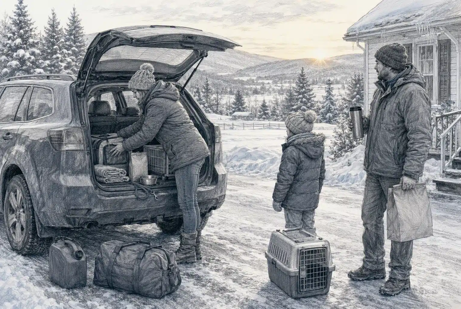 Family packing puppy gear for long New Hampshire drive