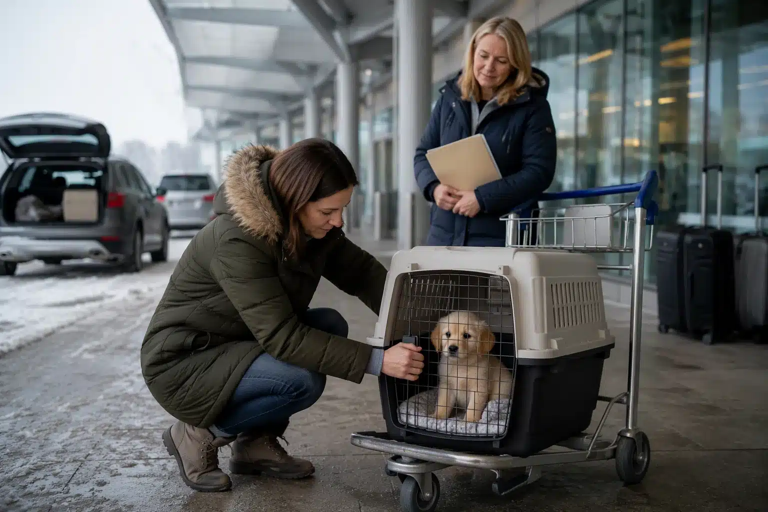Breeder transporting puppy in secure airport crate