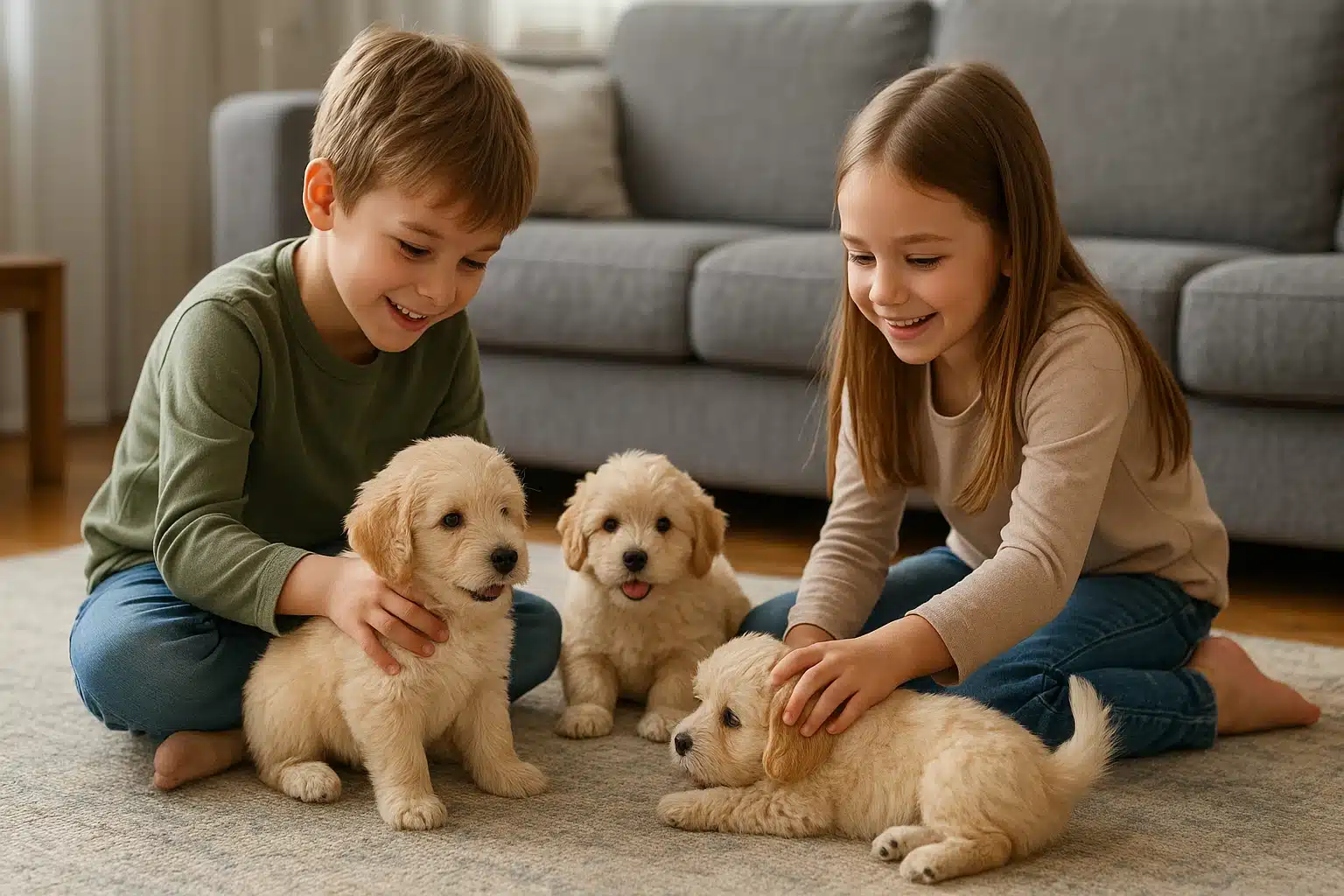 Playful small breed puppies bonding with children in a cozy Minnesota home