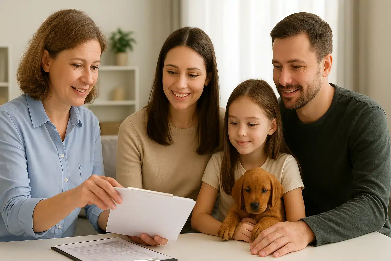 Family reviewing puppy health documents with breeder