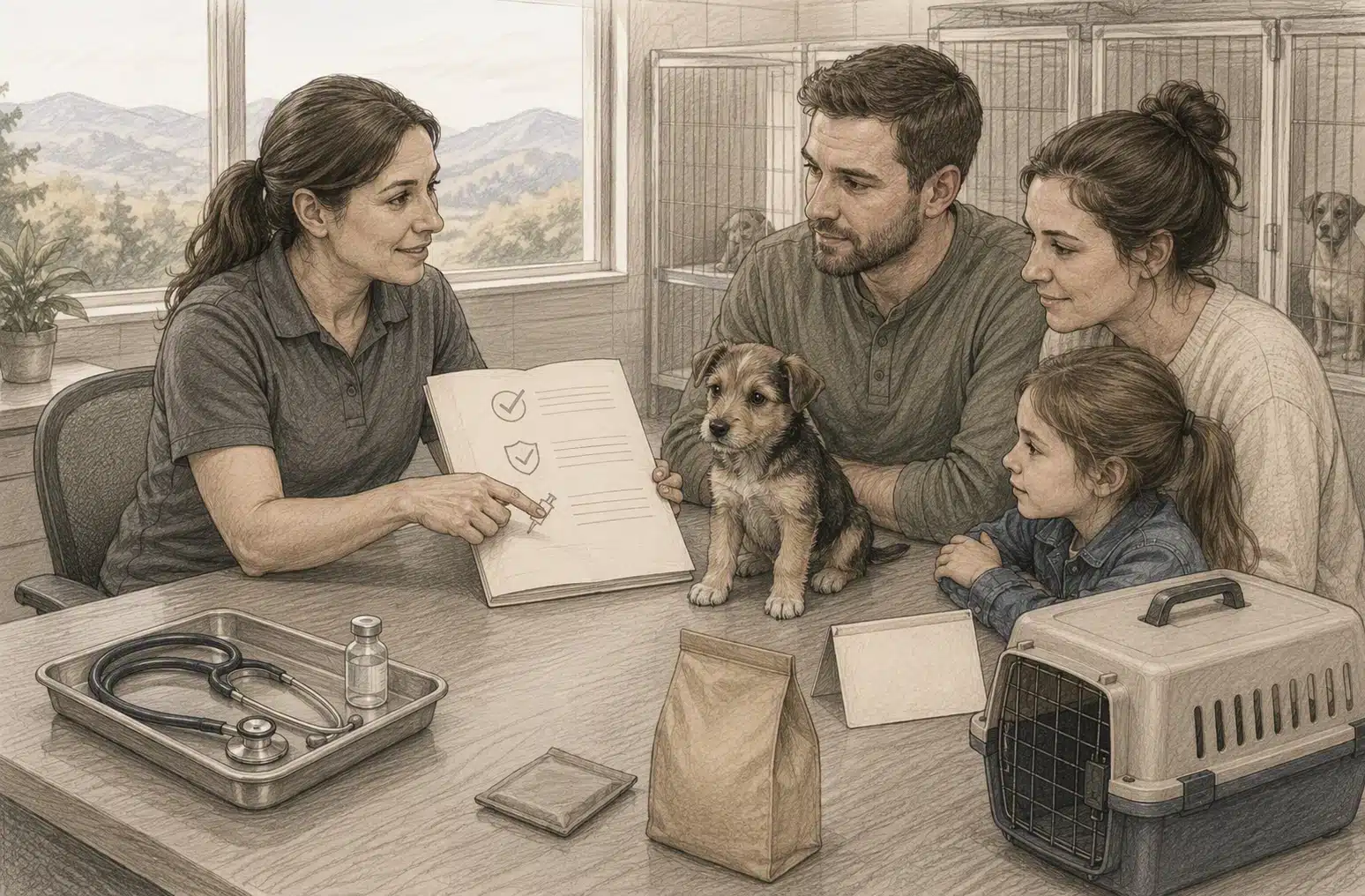 Shelter coordinator reviewing puppy records with adopting family