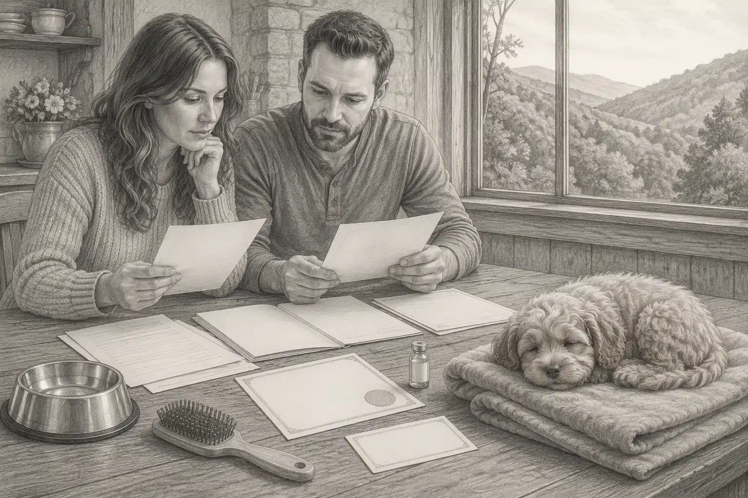 Parents reviewing Cavapoo health records beside adoption paperwork