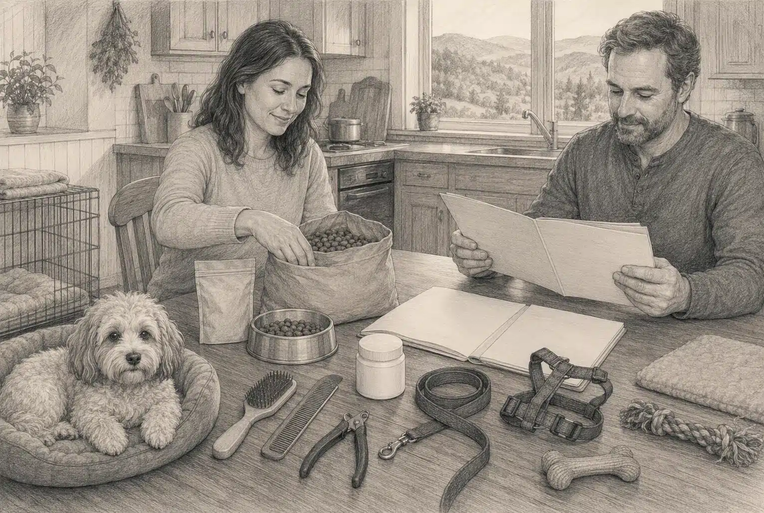 Family reviewing puppy supplies at kitchen table