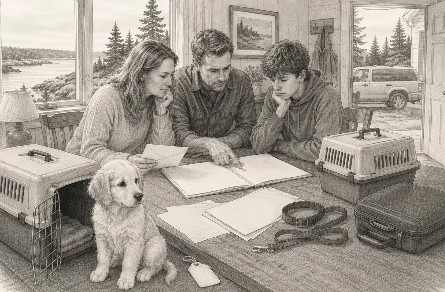 Maine family reviewing puppy travel logistics with carrier and paperwork