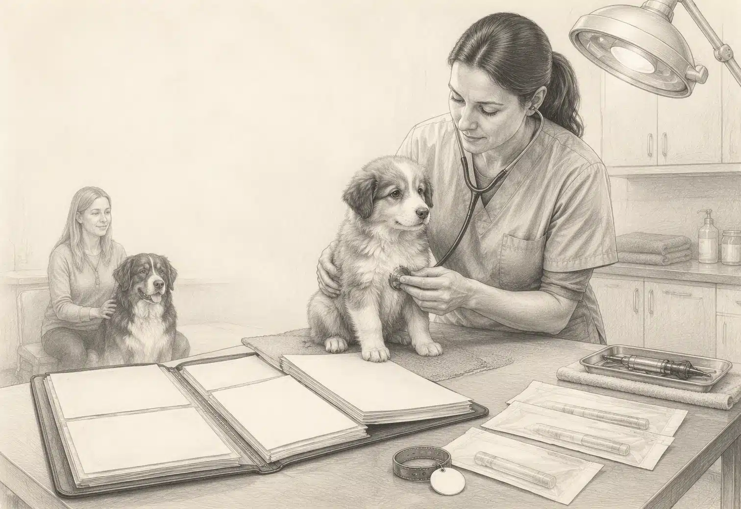 Veterinarian reviewing puppy health records beside exam table