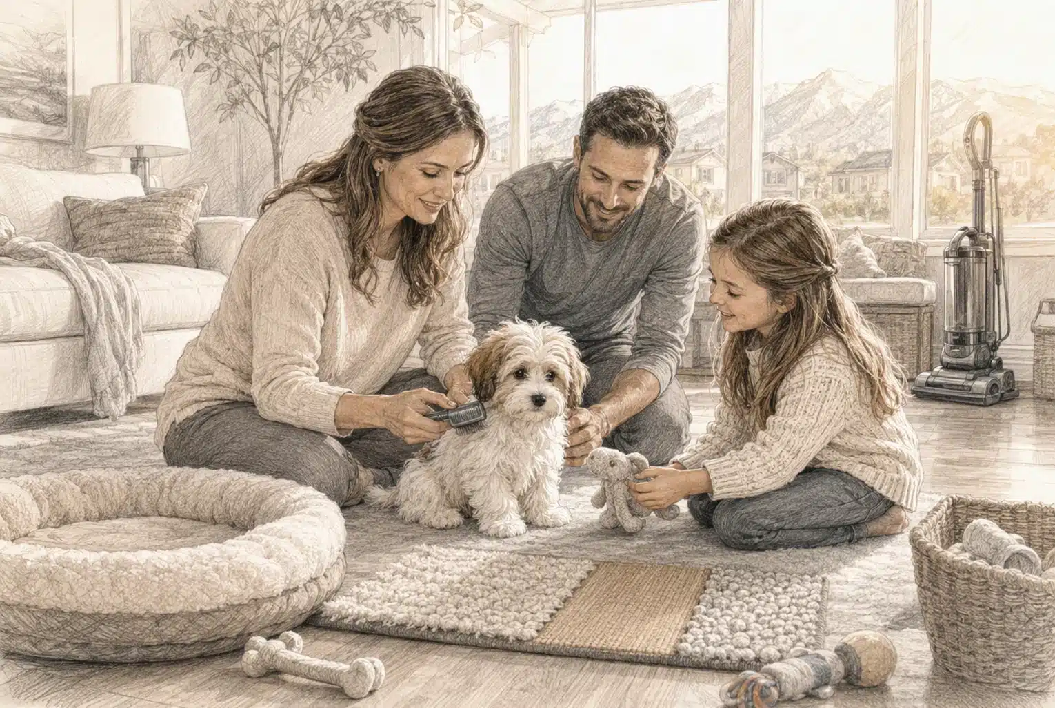 Gentle handling of a Havanese puppy in a warm home setting