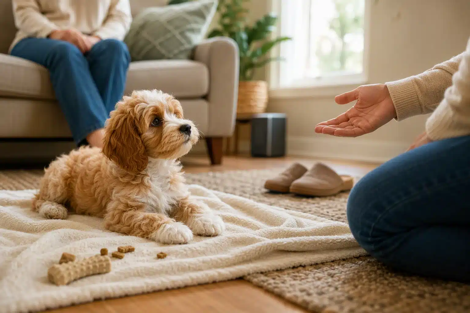 Cavapoo puppy observes cautiously from a cozy indoor blanket