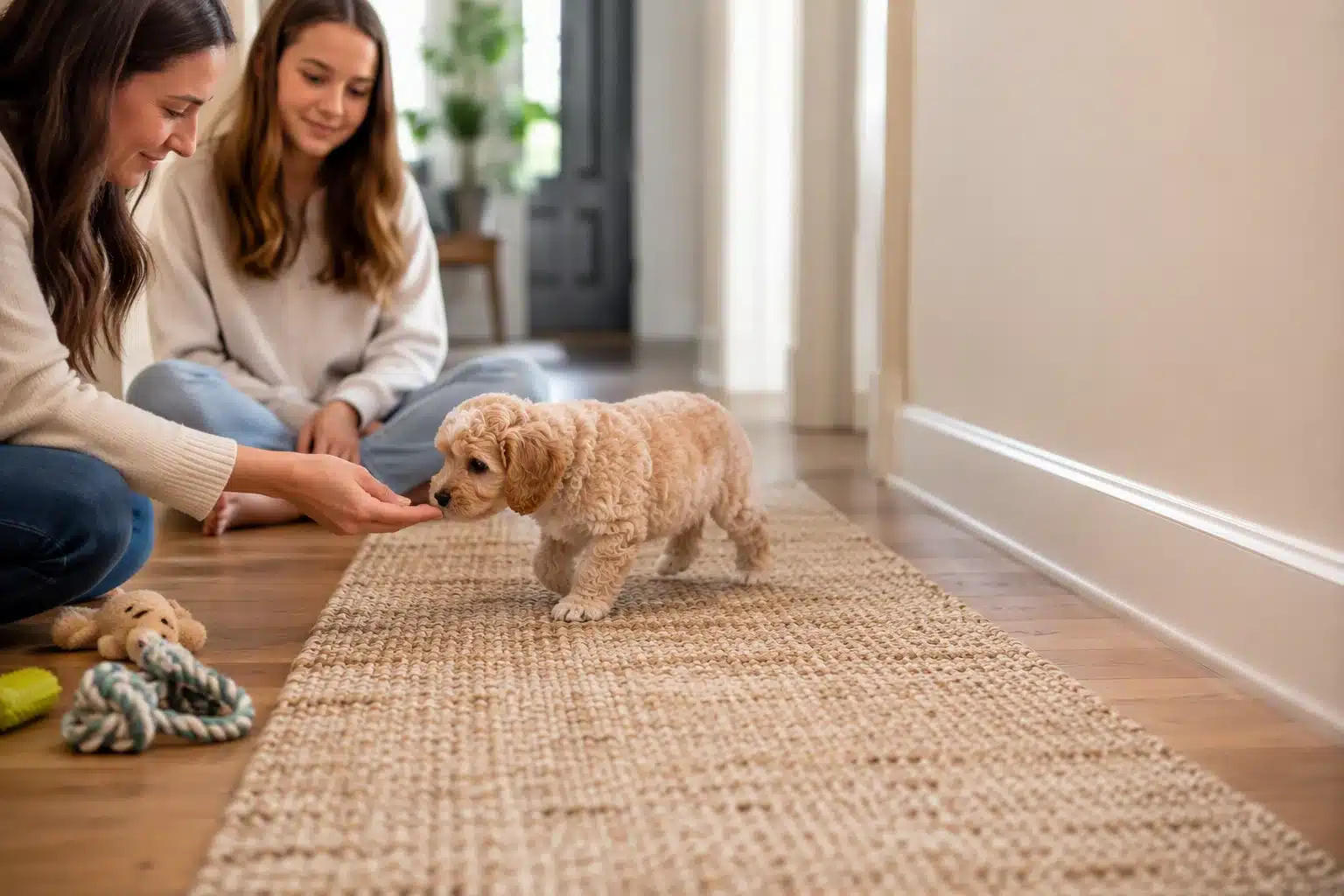 Family rewards Havapoo exploring new hallway rug