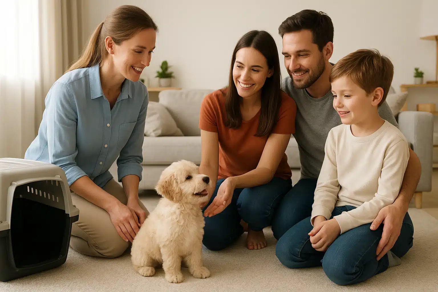 Breeder evaluates Havapoo puppy’s social response near family in home setting