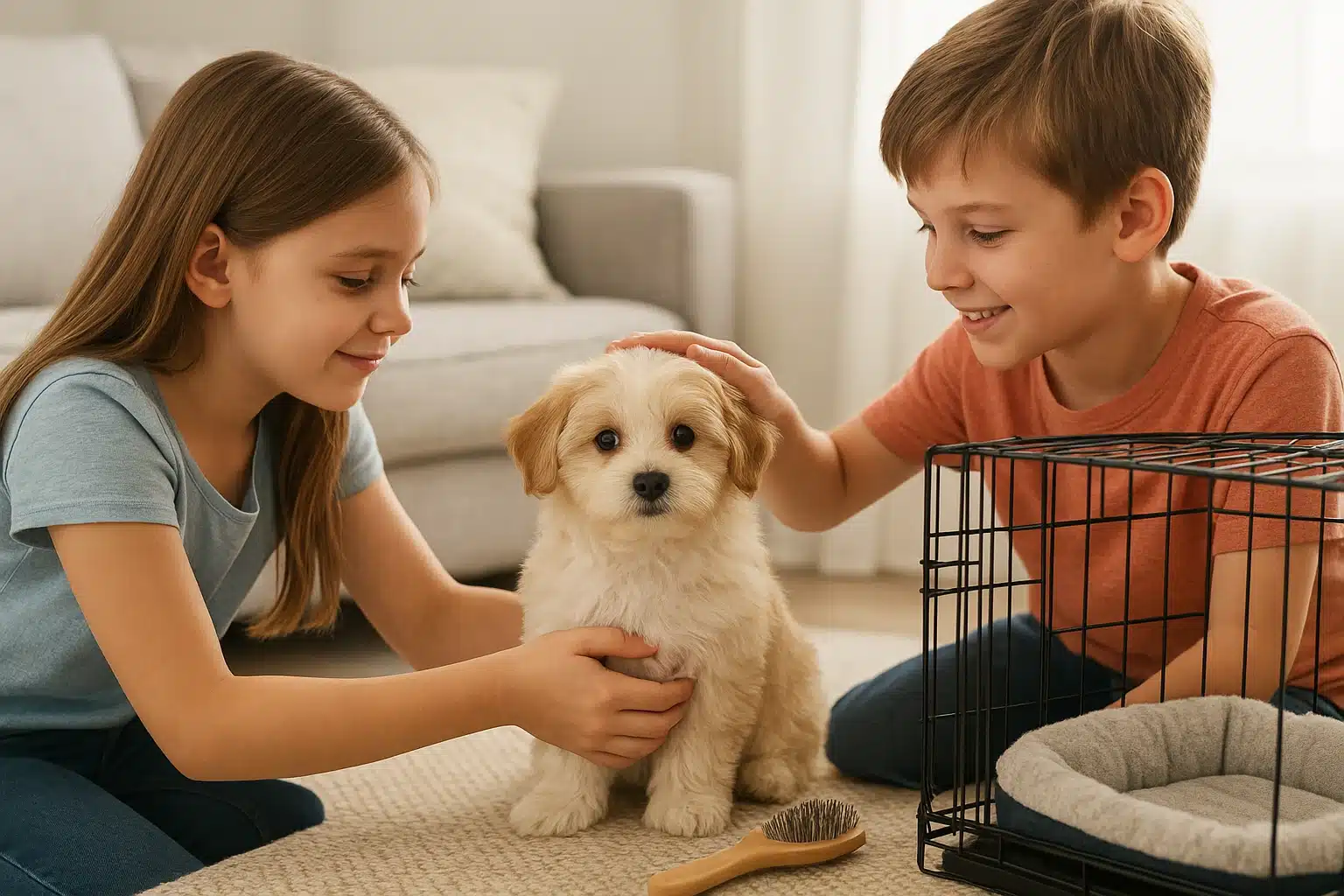 Havanese puppy meets children near crate with grooming brush