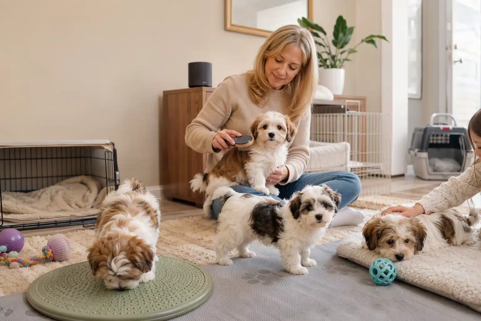 Gentle breeder acclimates Havanese puppies to grooming tools