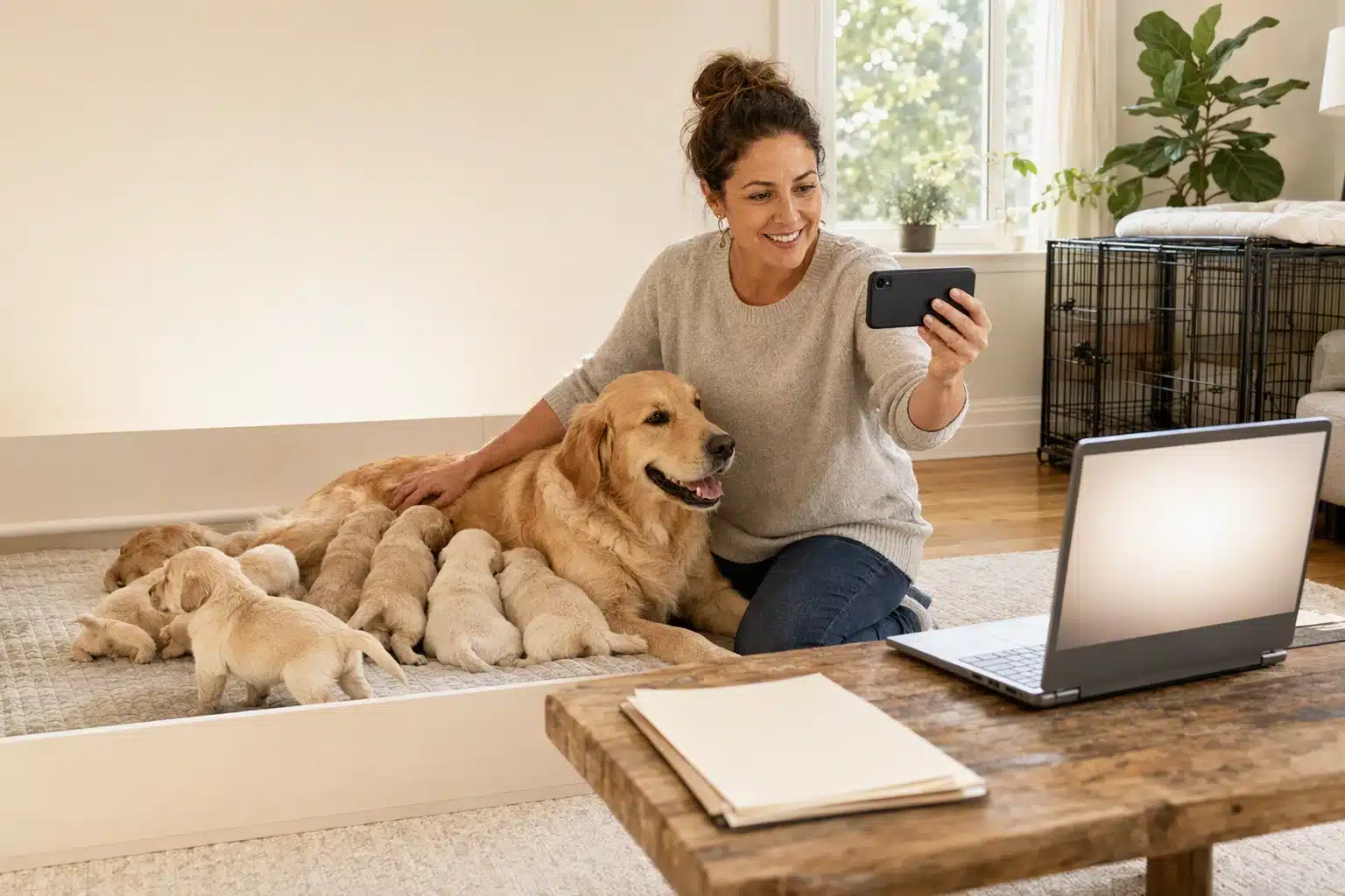 Family breeder video calls with puppies and mother dog in sunlit home