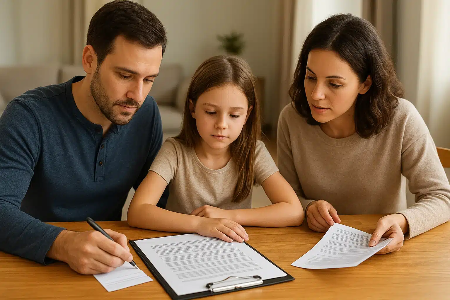 Family reviewing puppy contract paperwork at home