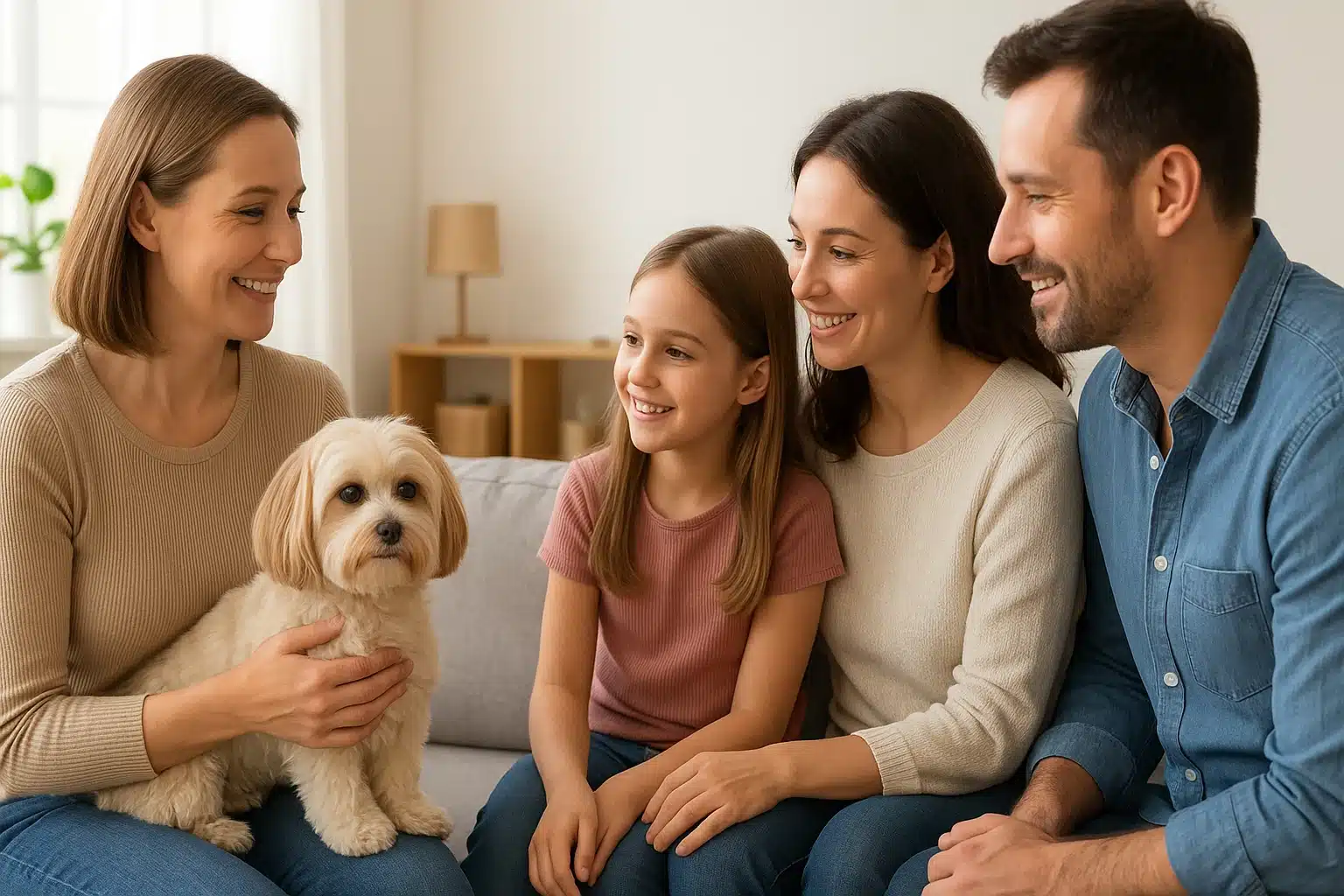 Breeder introduces Havanese mother to family in sunlit home