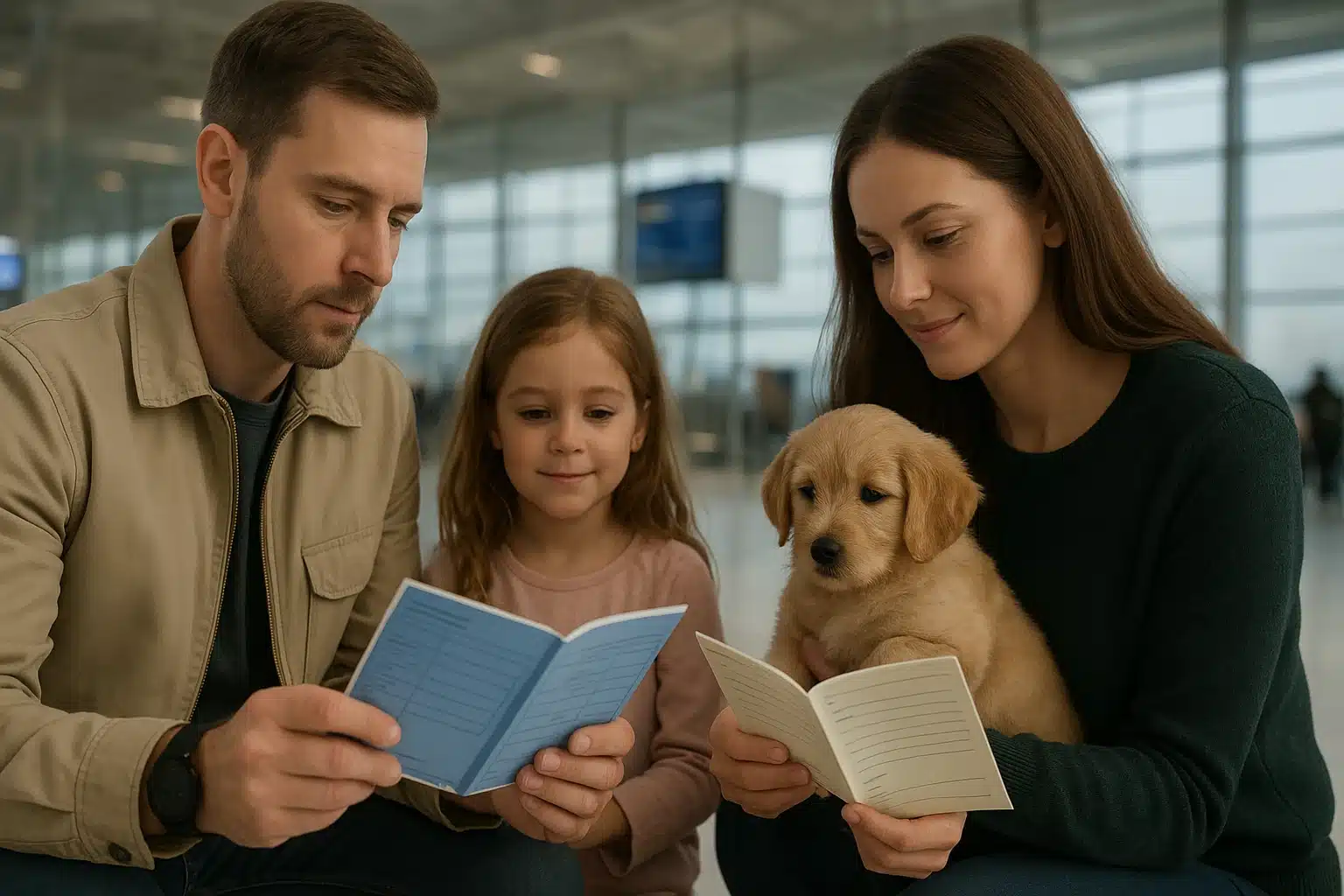 Family reviewing puppy paperwork at airport handoff