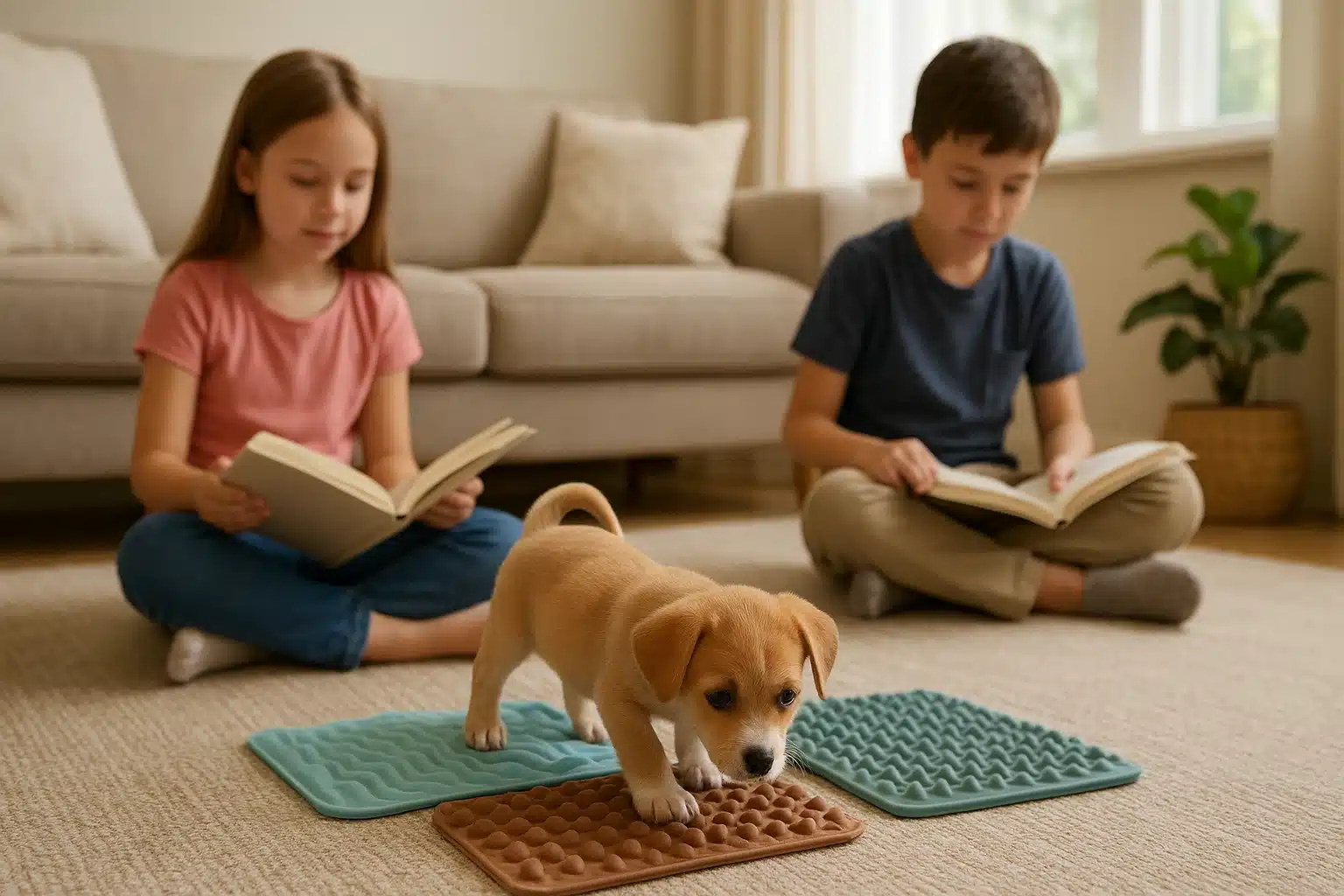 Puppy explores textures while children read nearby