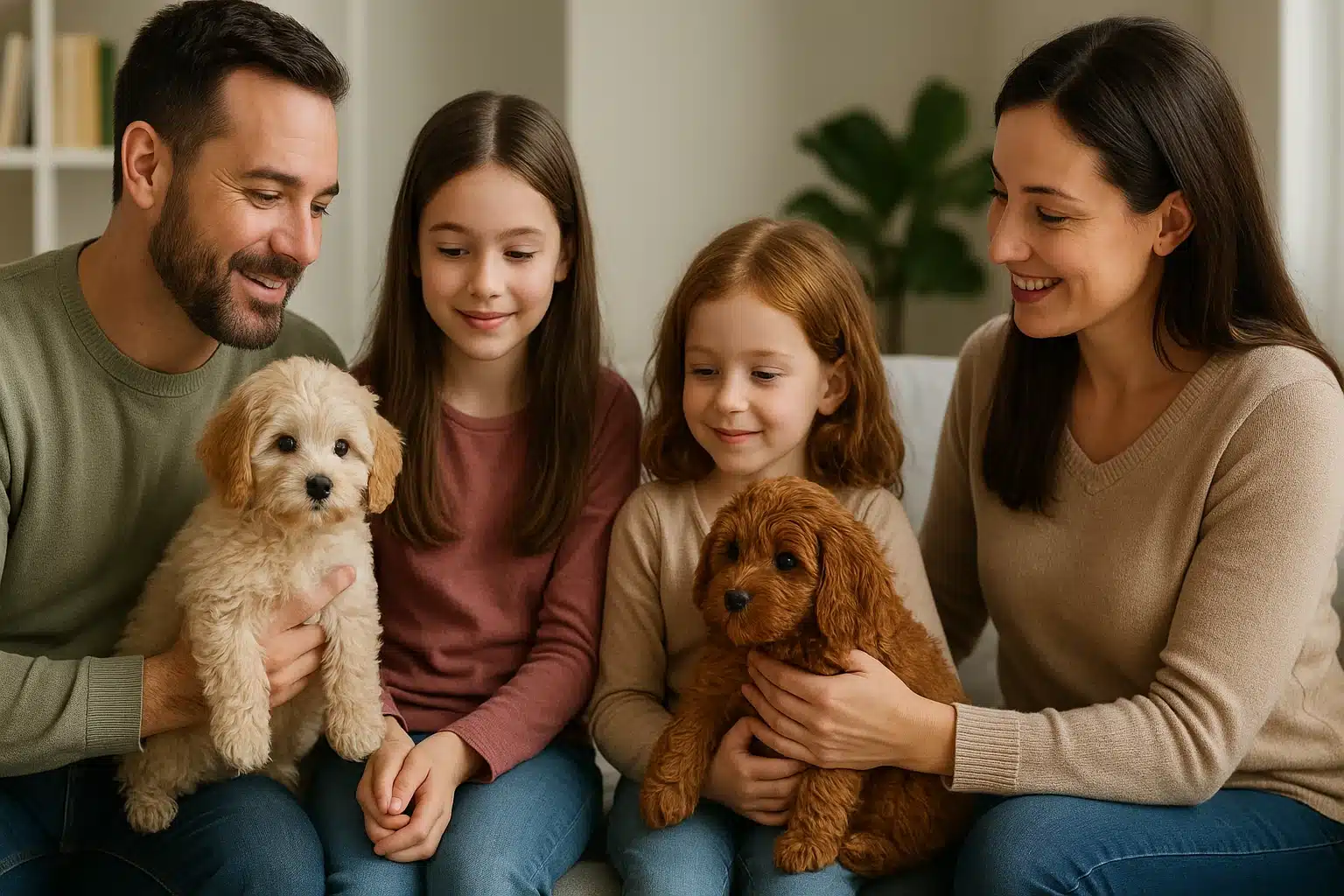 Comparing Havapoo and Cavapoo puppies with a family in a sunlit home