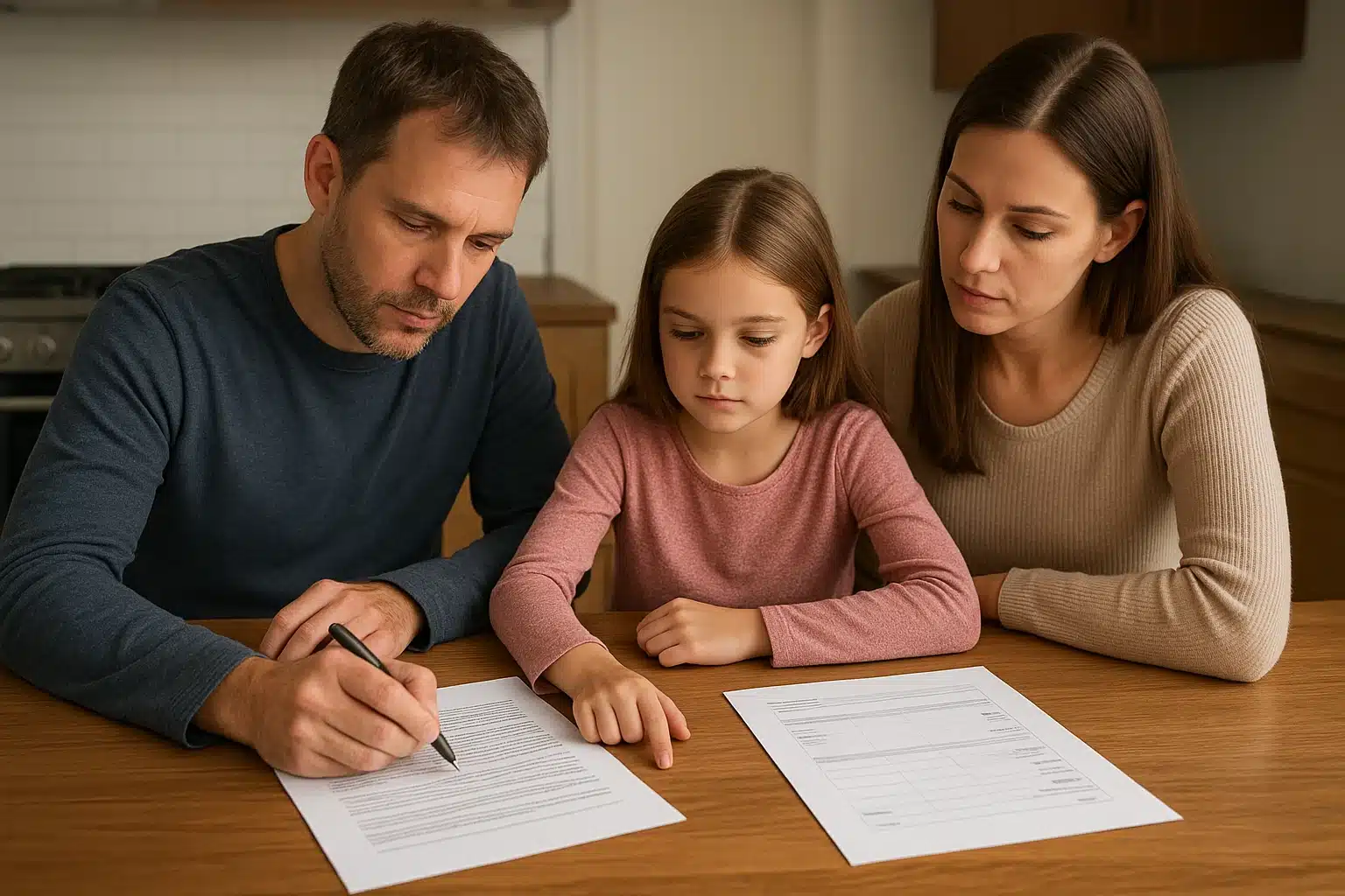 Family reviewing puppy contract details at kitchen table