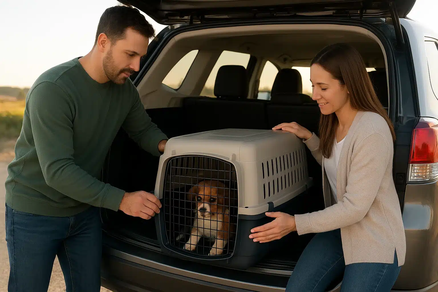 Family prepares puppy crate for nationwide delivery