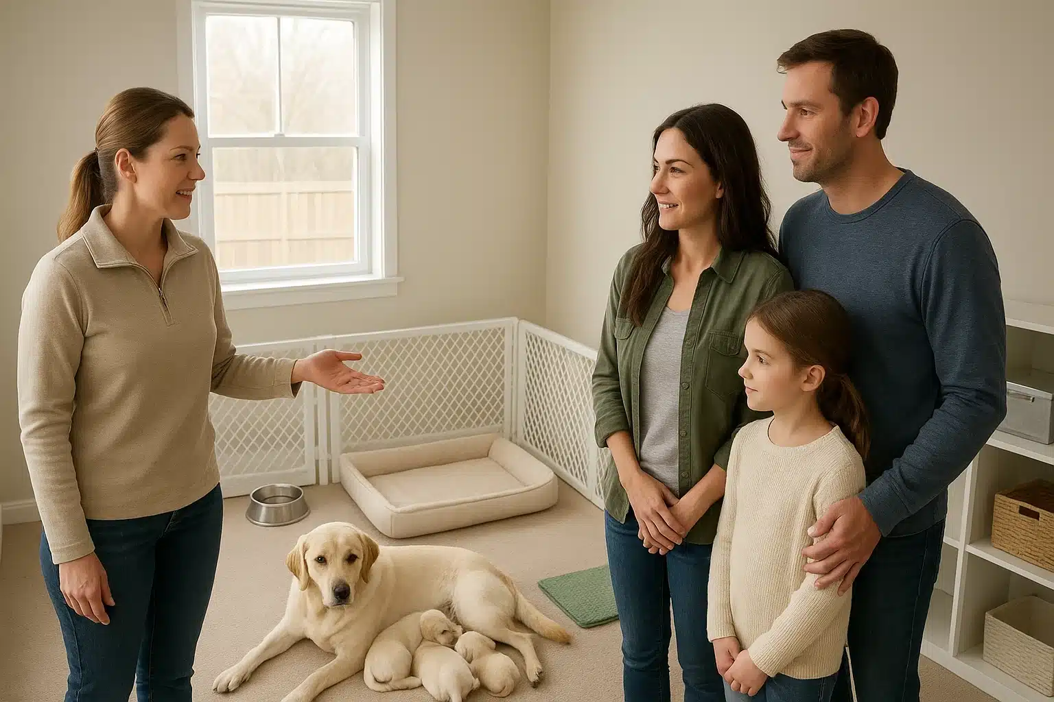 Montana breeder shows clean puppy playroom with mother