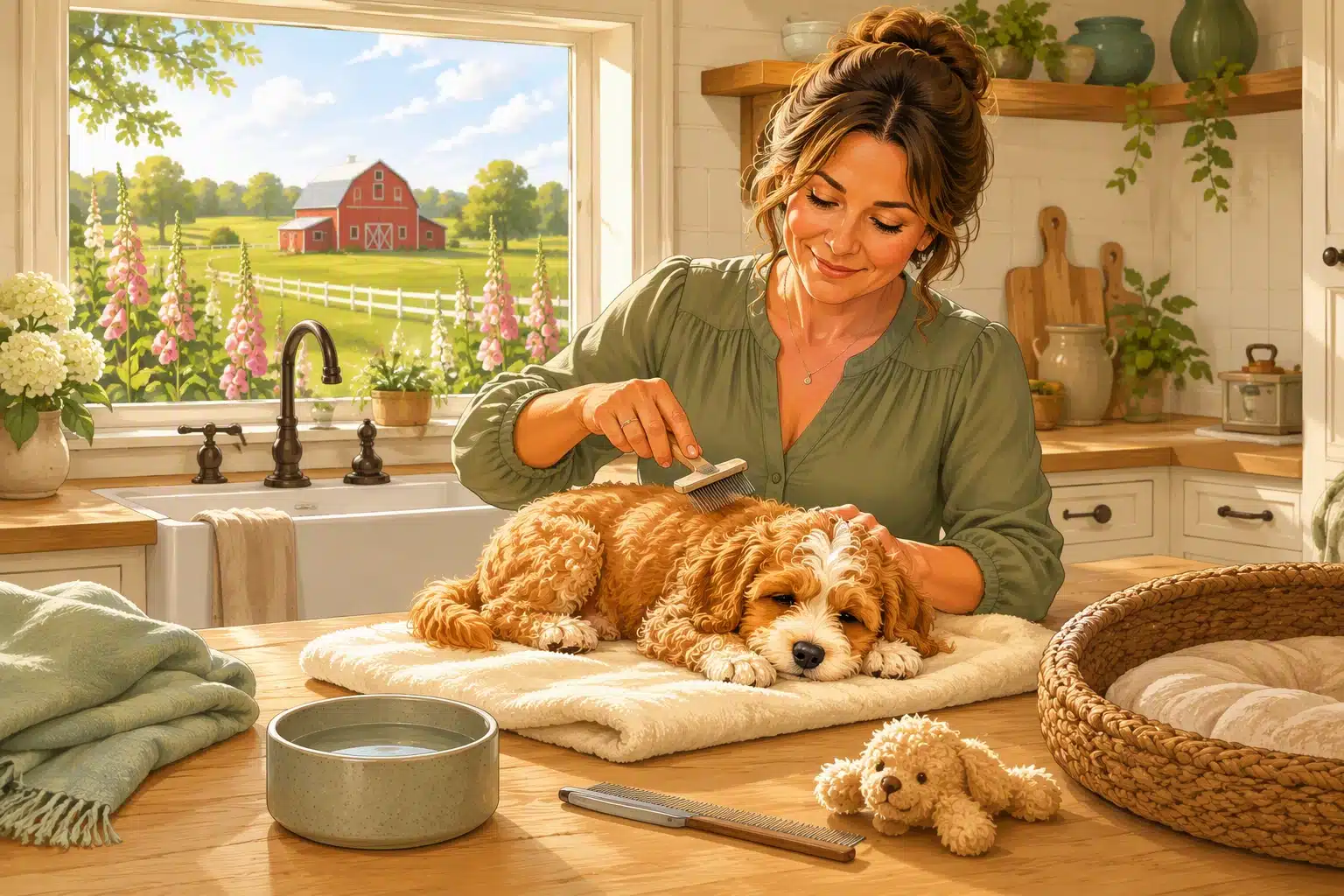 Woman grooming a Cavapoo in a sunlit farmhouse kitchen