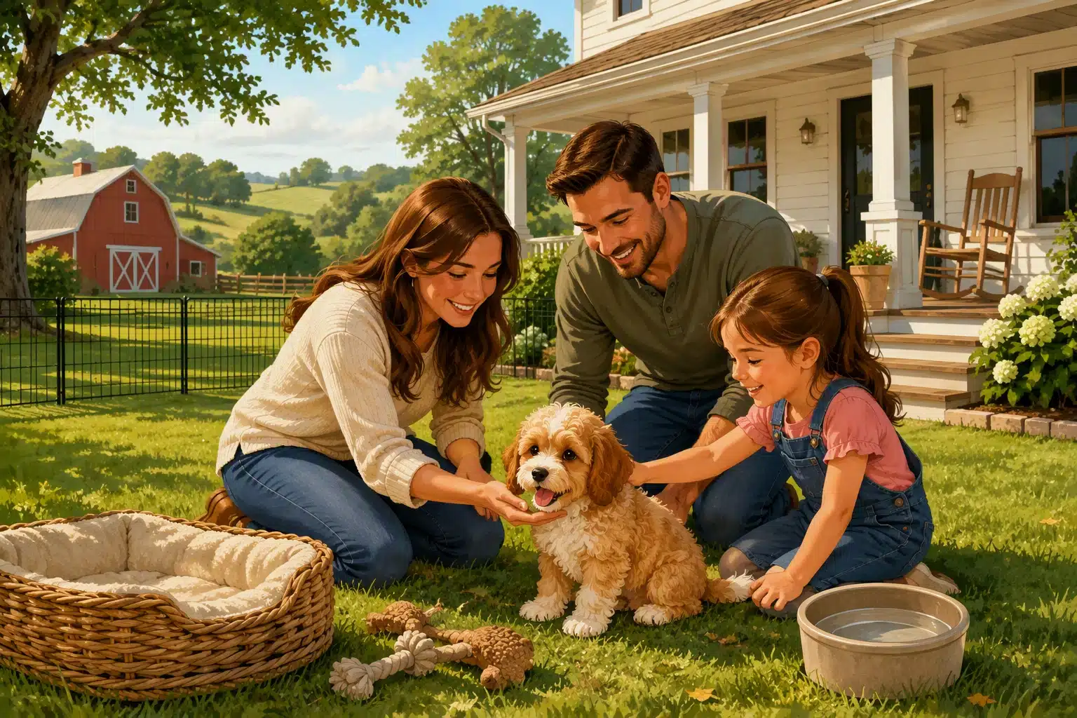 Family meets fluffy Cavapoo puppy on Ohio farm porch