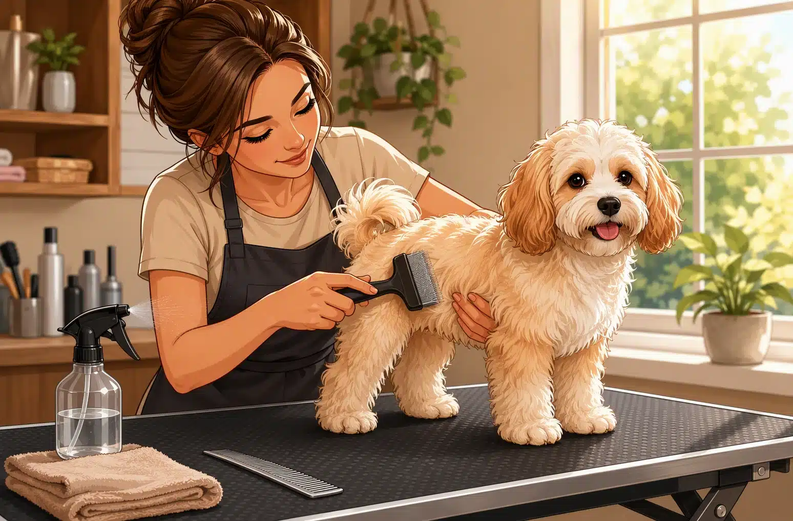 Gentle grooming session with Havapoo on table