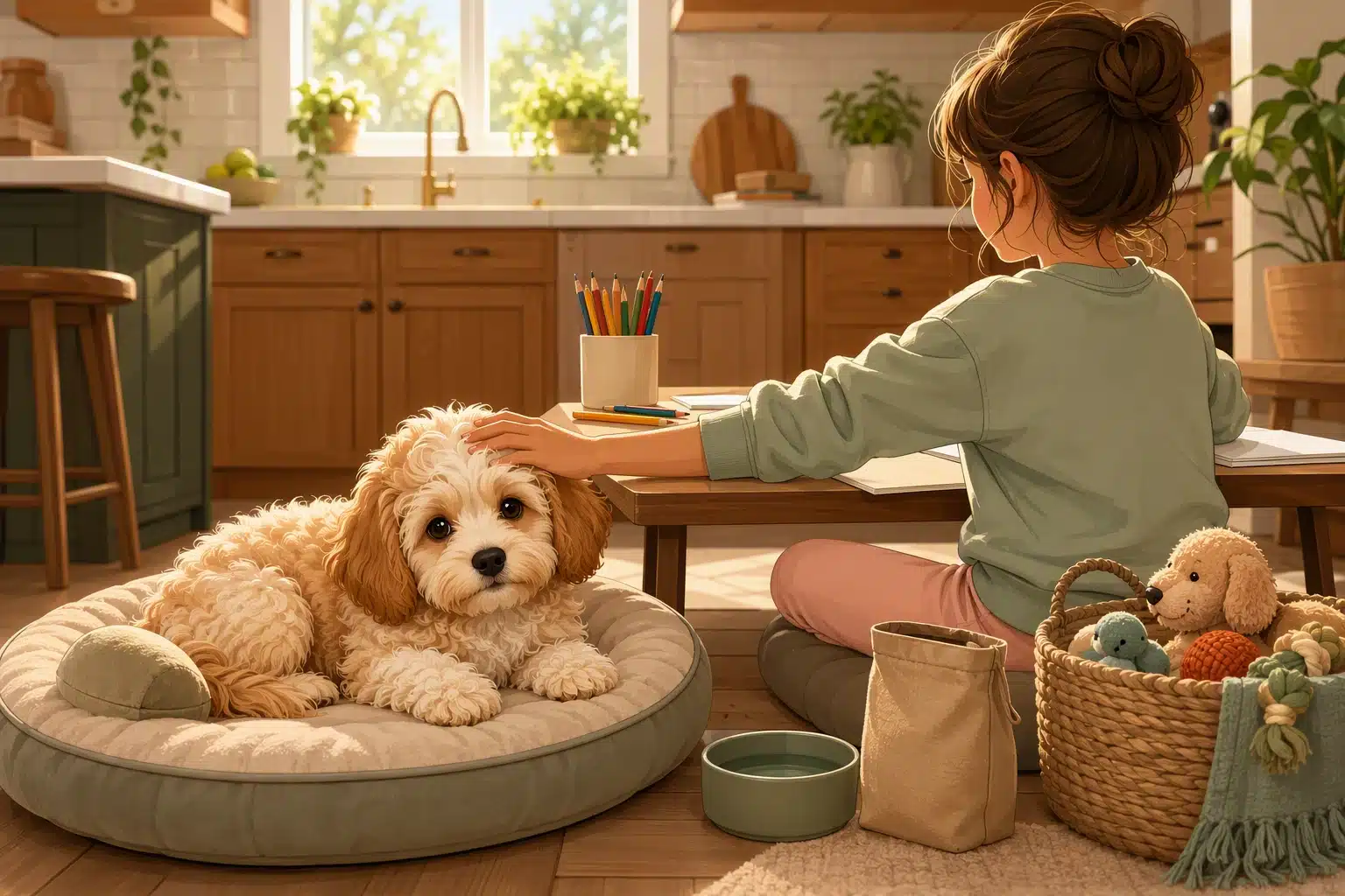 Havapoo puppy napping beside a child’s homework table in sunlit kitchen