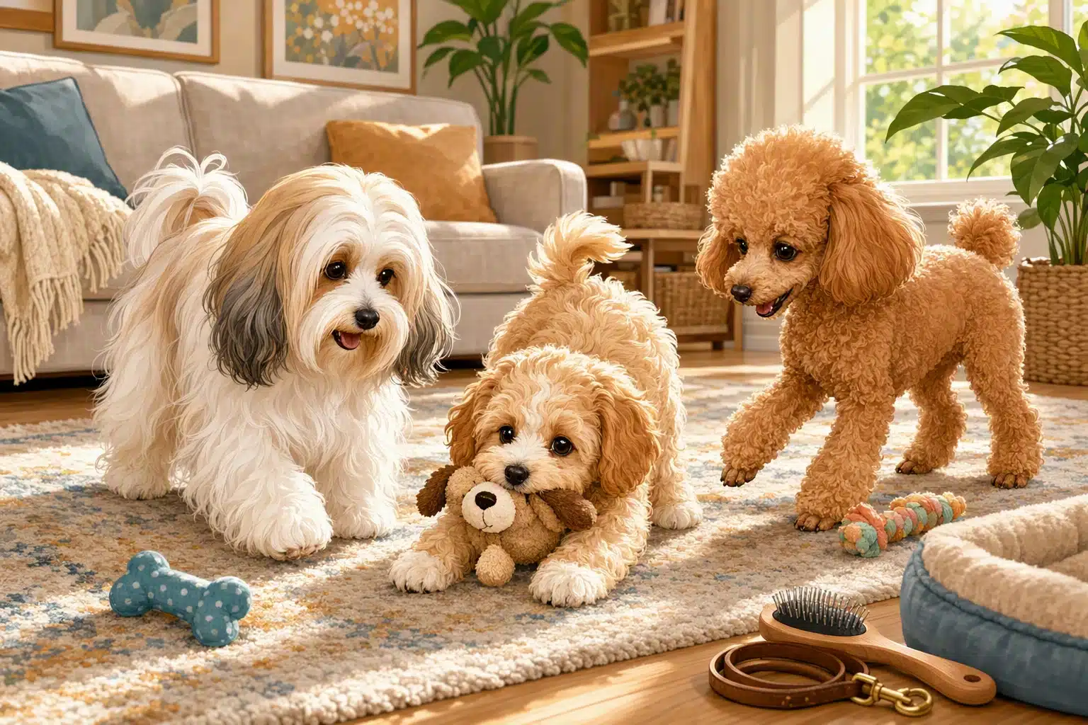 Havapoo puppy with Havanese and Poodle parents in cozy family room