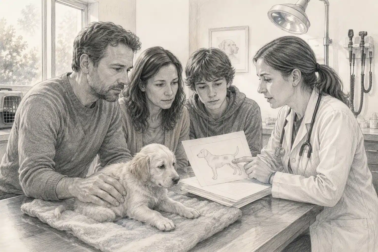 Family reviewing puppy health records with veterinarian