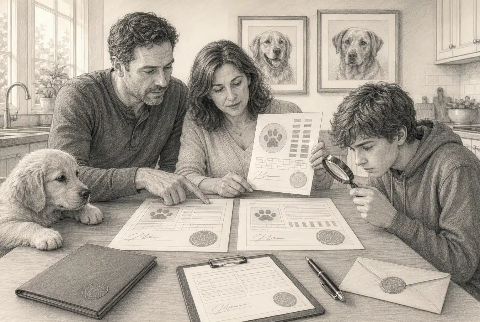 Family verifying OFA and DNA records at kitchen table
