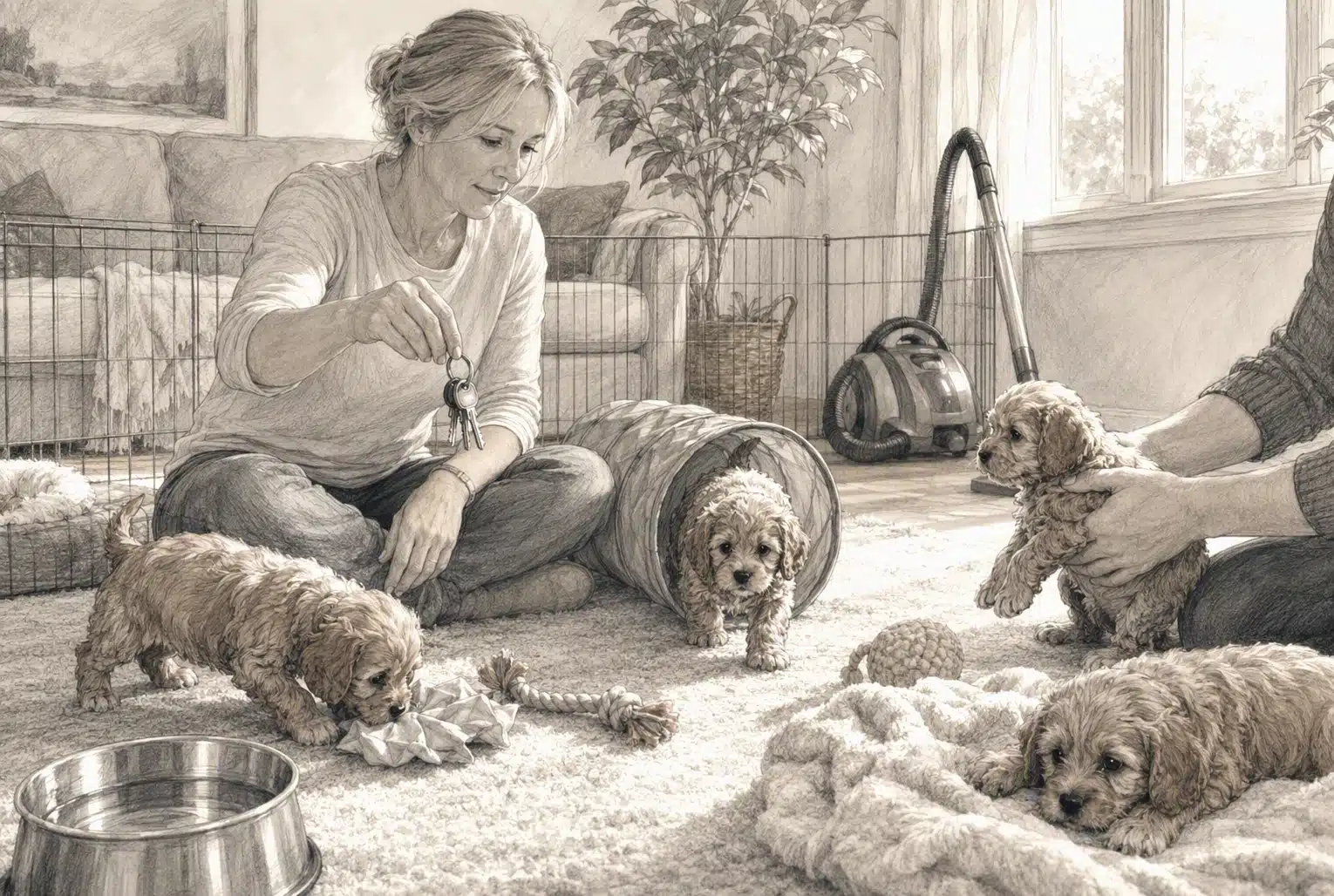 Breeder introduces Cavapoo puppies to household sounds