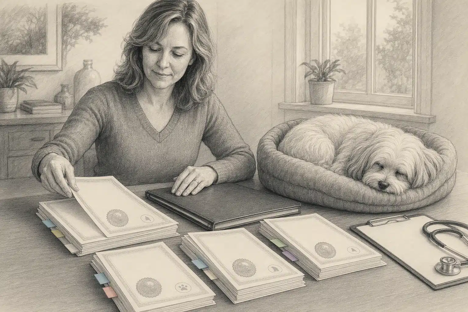 Breeder reviews OFA certificates beside sleeping Havanese dam