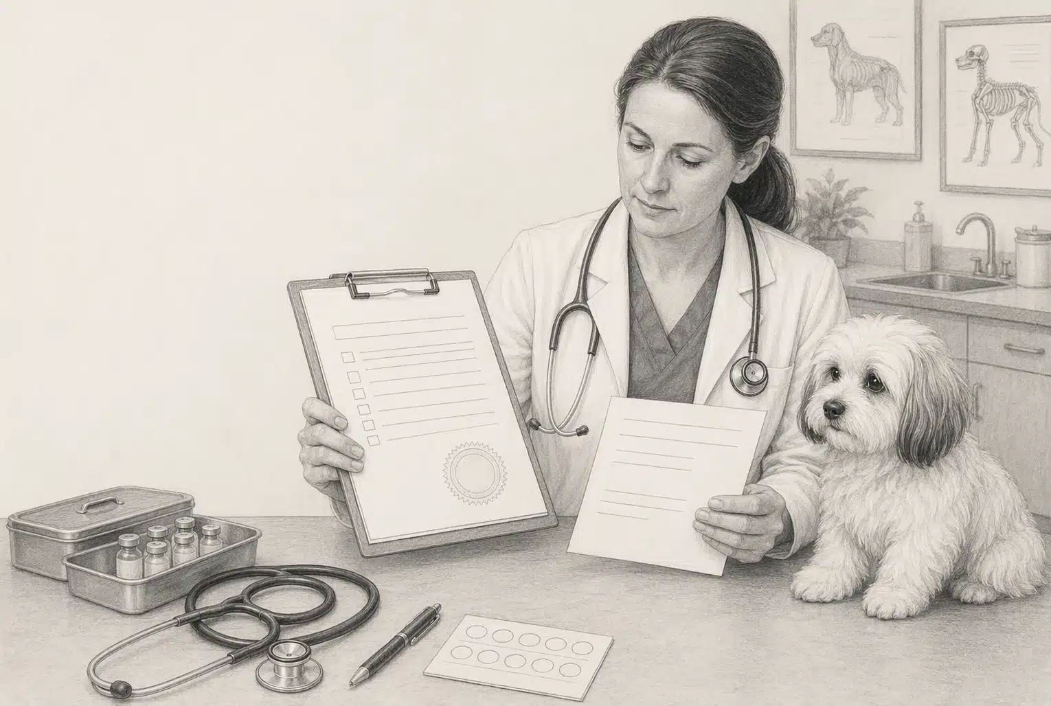 Veterinarian reviewing puppy health certificate and records