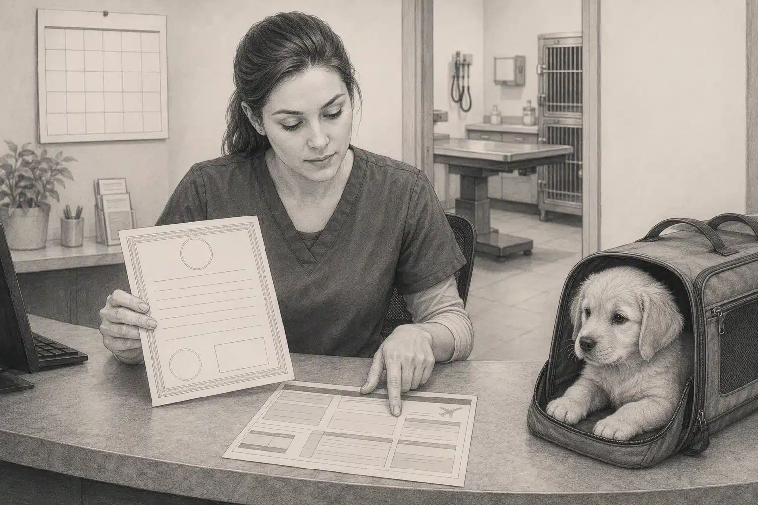 Veterinarian verifying puppy health certificate with flight itinerary