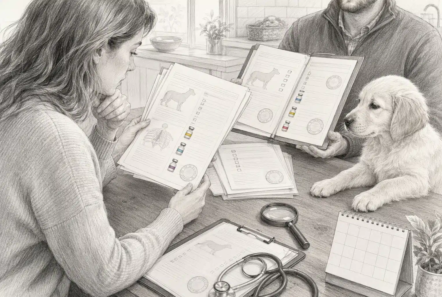 Buyer reviews puppy health records at kitchen table