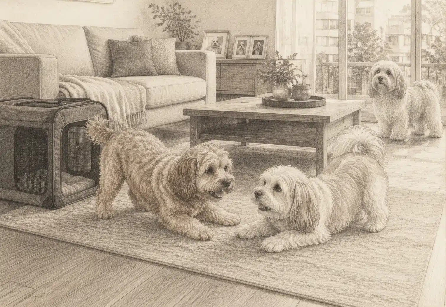 Cavapoo and Havacavapoo comparing adult sizes near apartment crate