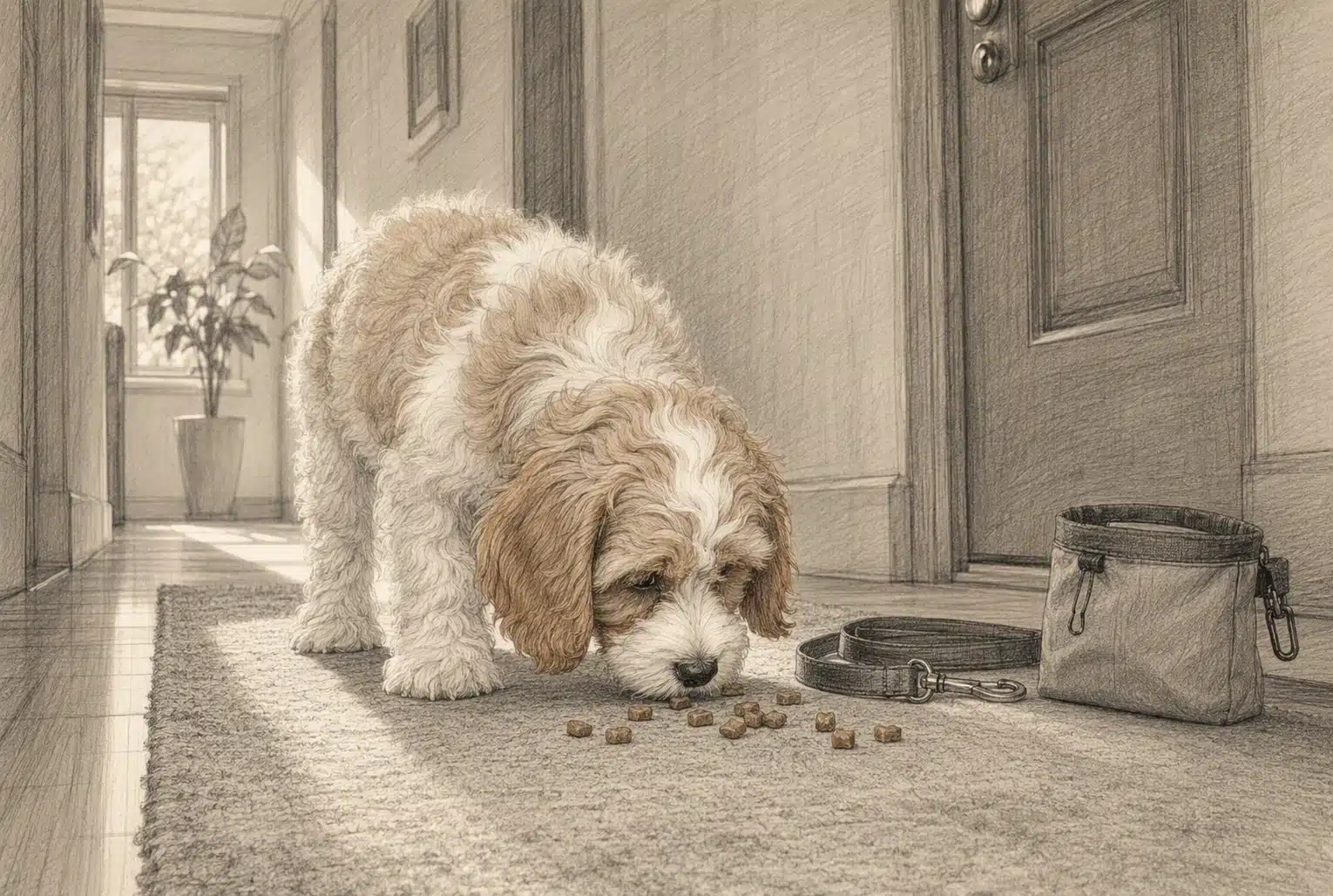 Cavapoo explores treats in quiet apartment hallway