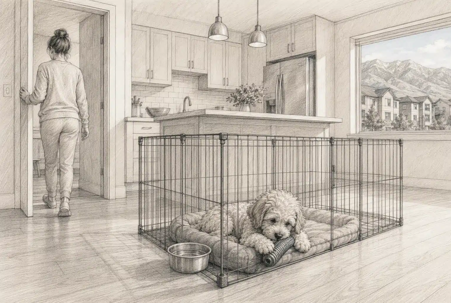 Parent steps away from puppy in gated kitchen