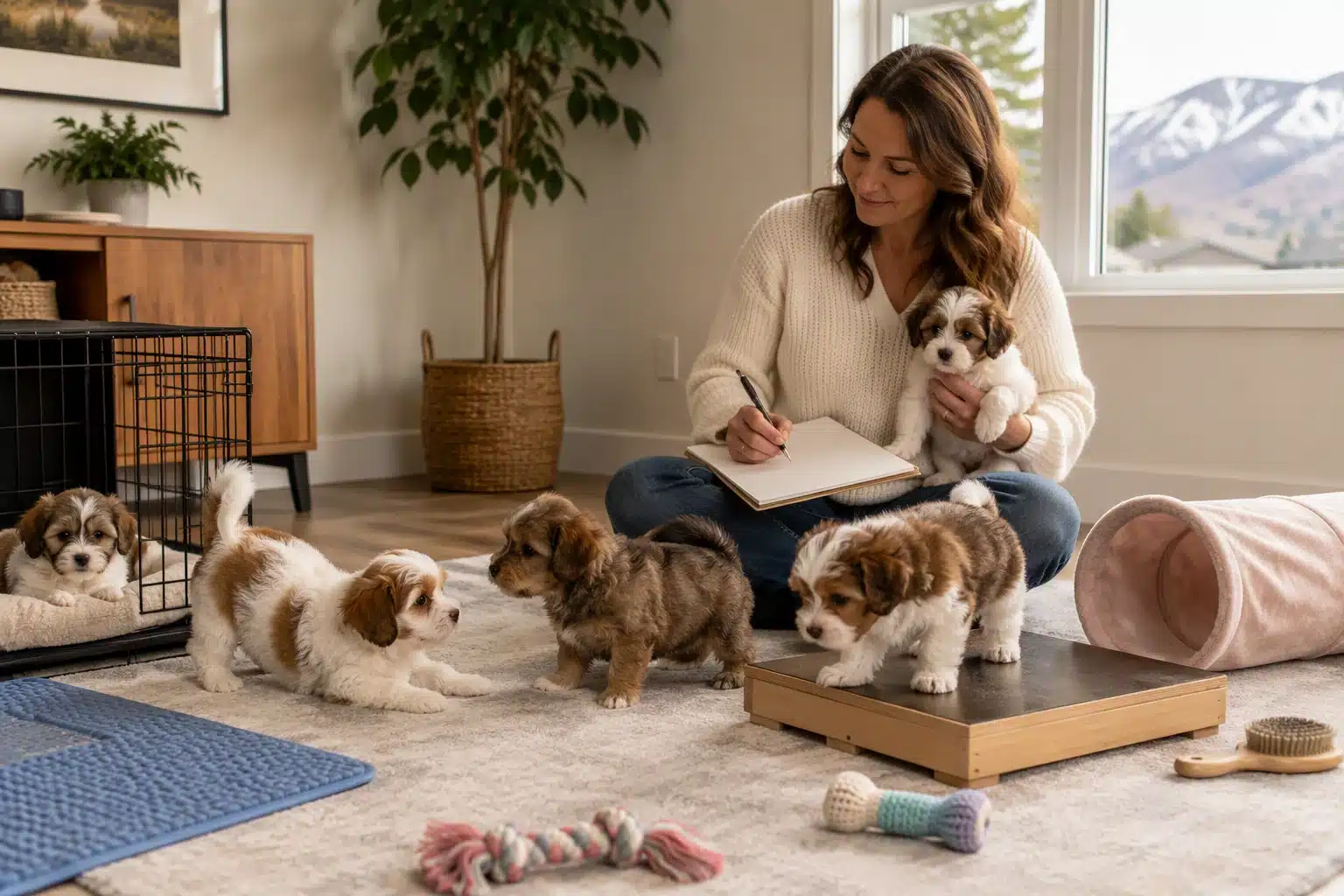 Breeder assesses Havanese puppy temperament in home setting