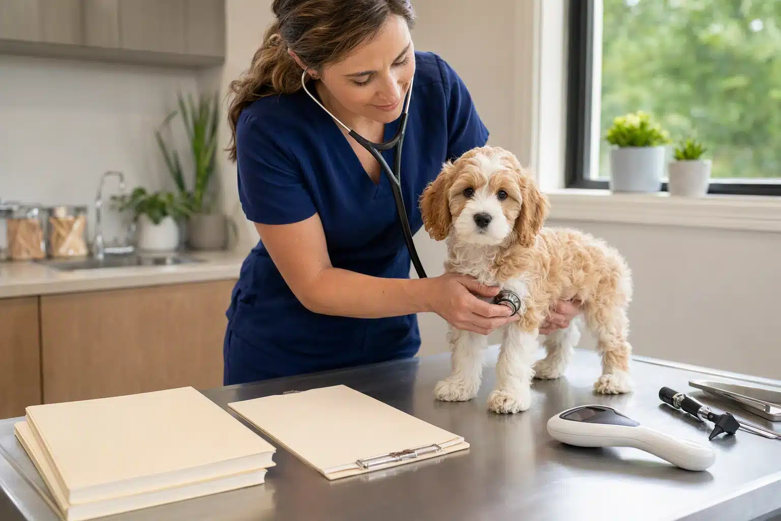 Veterinarian examining Cavapoo puppy with health records