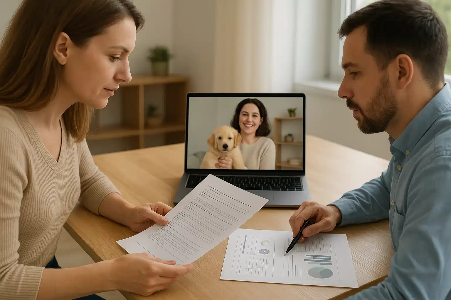 Family reviewing puppy health records on video call