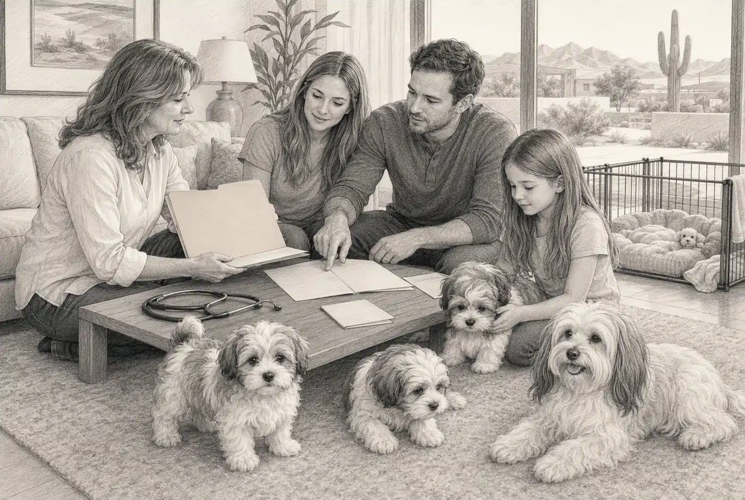 Family reviewing puppy health records beside Havanese litter